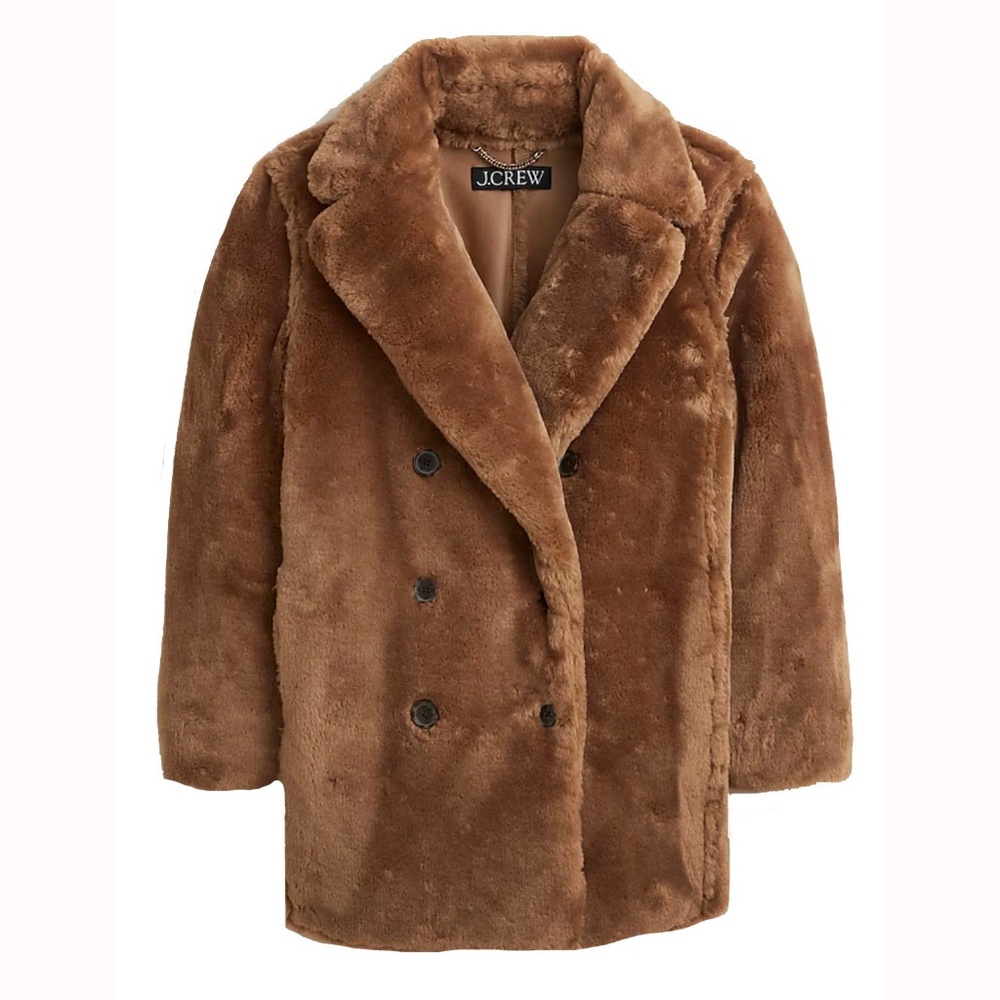 NWT Woman’s J Crew Faux Fur Teddy Bear Brown Pea Coat, Size Small